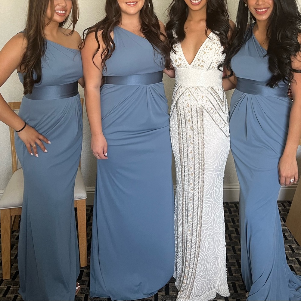 Dusty Blue One Shoulder Long Bridesmaid Dress (Size: 6)